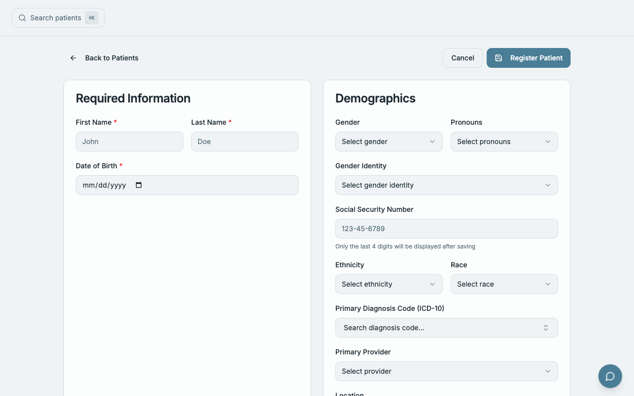 Patient registration + client portal